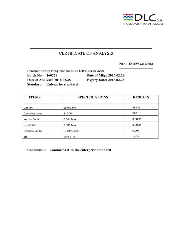 Certificate of Analysis for EDTA Batch 160228 | PDF