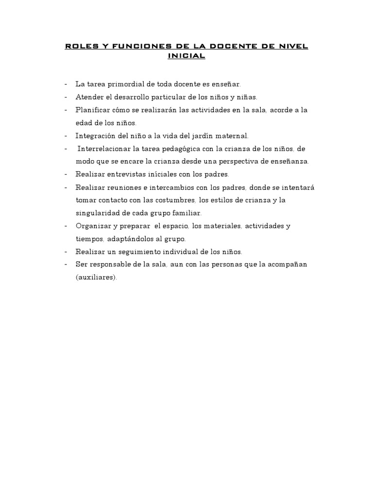 Roles y Funciones de La Docente de Nivel Inicial | PDF