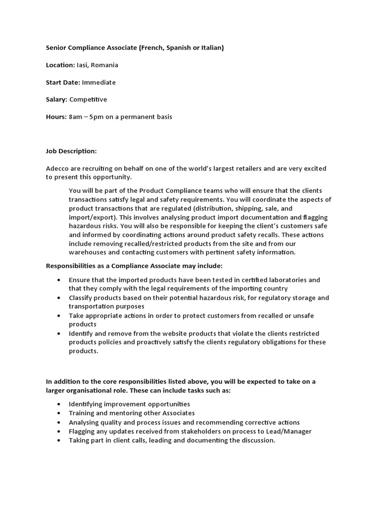 Senior Compliance Associate Role | PDF | Regulatory Compliance | Safety