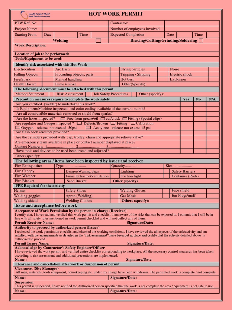 Hot Work Permit Welding Bracing Cutting Grinding Soldering PDF Welding Construction
