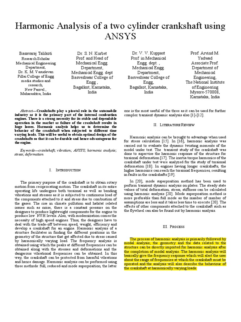 Harmonic Analysis of A Two Cylinder Crankshaft Using | PDF ...