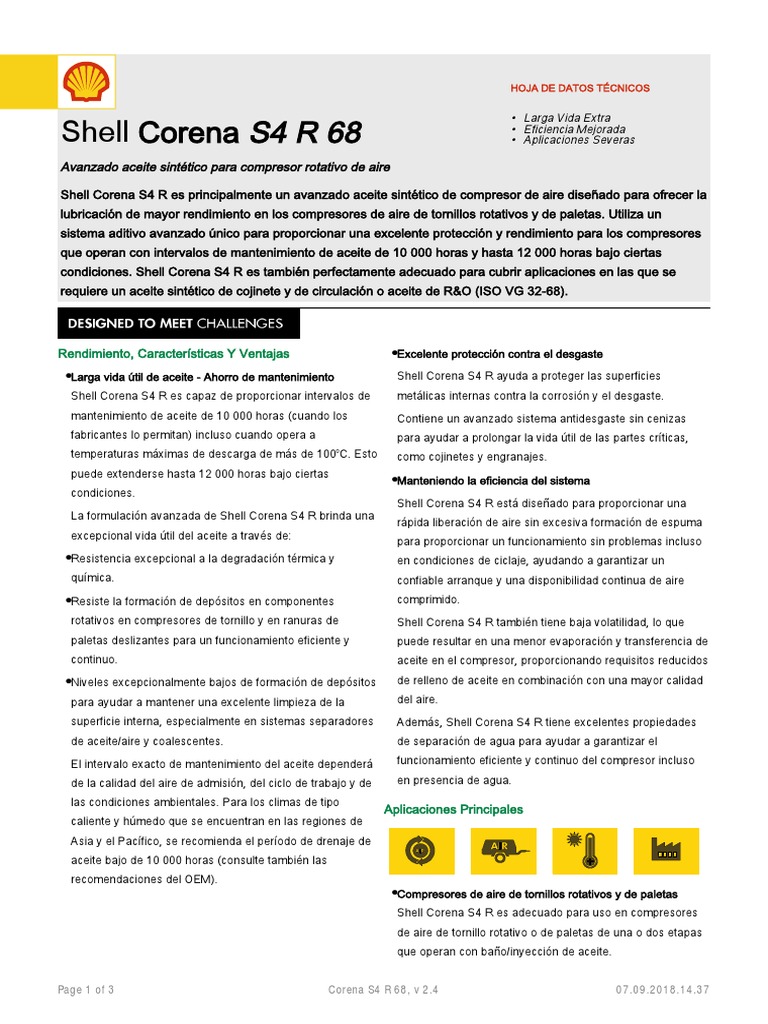 Aceite Shell Corena S4 R 68: Ficha Técnica | PDF | Petróleo | Lubricante