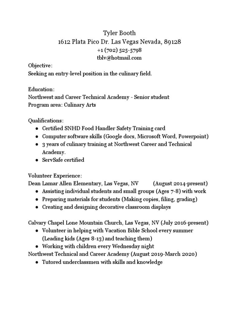 Culinary Arts Entry-Level Resume | PDF