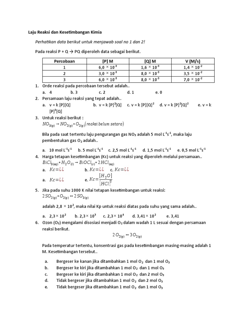 Soal Laju Reaksi Kesetimbangan Pdf