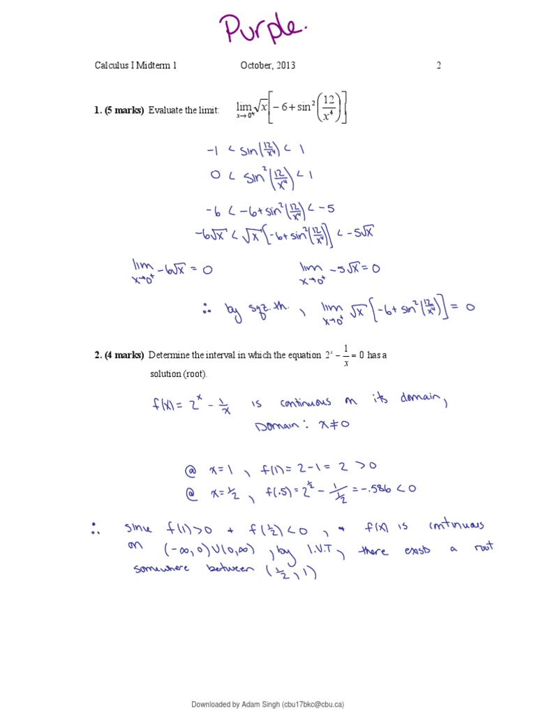 Math 1010U - Calculus I - Exam 2013, Questions And Answers - Midterm 1 | Pdf | Function (Mathematics) | Derivative