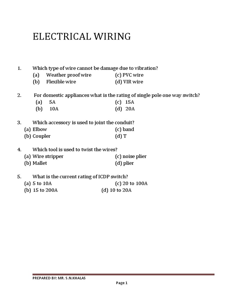Wiring MCQ Download Free PDF Electrical Wiring Wire