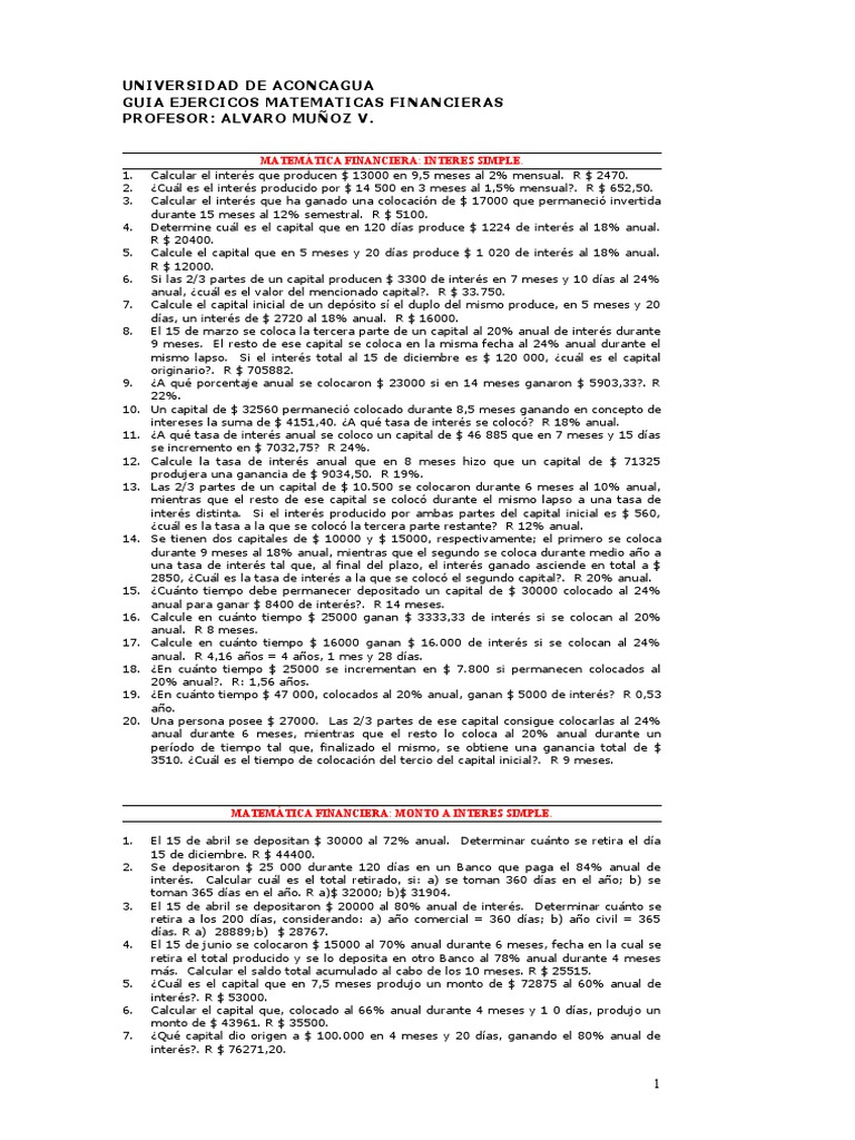 Guia Ejercicios Matematicas Financieras N1 | PDF | Finanzas Matemáticas ...