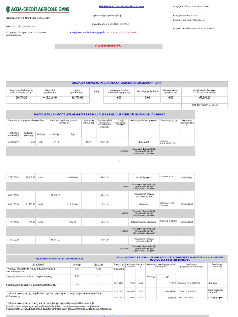ACBA Card Statement VISA Barerar AMD 01.01.20-15.01.20 | PDF