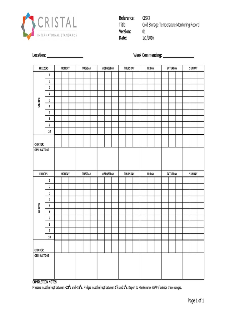 Cold Storage Temperature Log Sheet | PDF