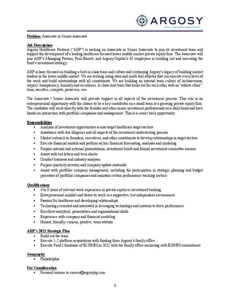 Argosy Healthcare Partners Job Description PDF Private Equity