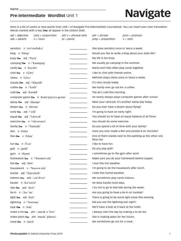 Navigate Pre-Intermediate Wordlist Unit 1 | PDF | Verb | Linguistic ...