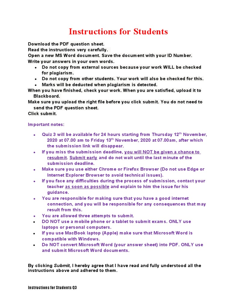 Quiz 3 Submission Guidelines for Students | PDF