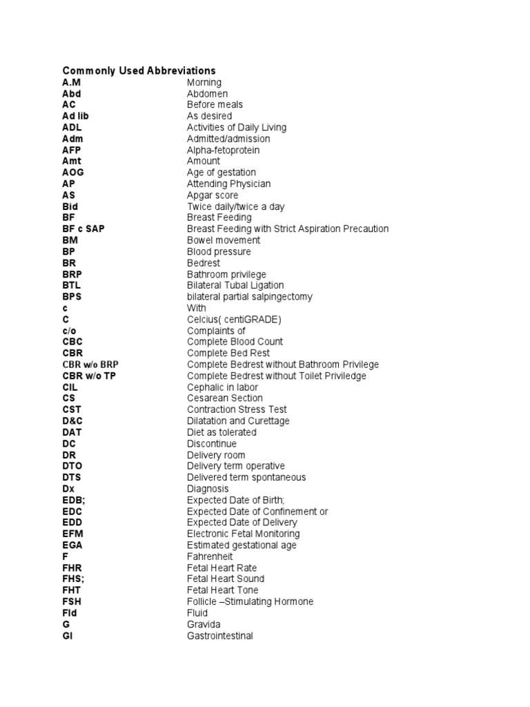 Obgyn Abbreviations For Rotation PDF, 46 OFF