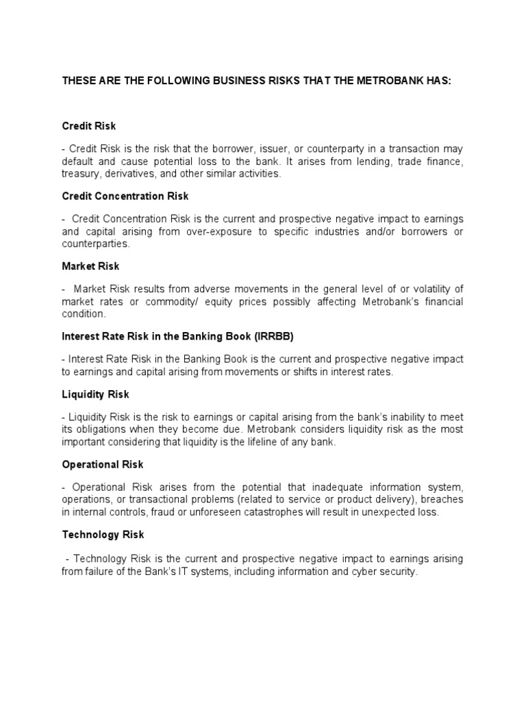 These Are The Following Business Risks That The Metrobank Has | PDF