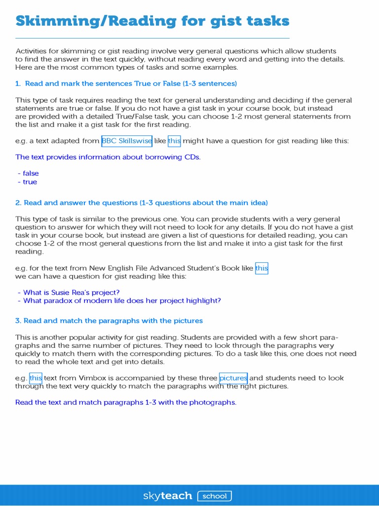 Skimming/Reading For Gist Tasks Skyteachoill PDF Speed Reading Question