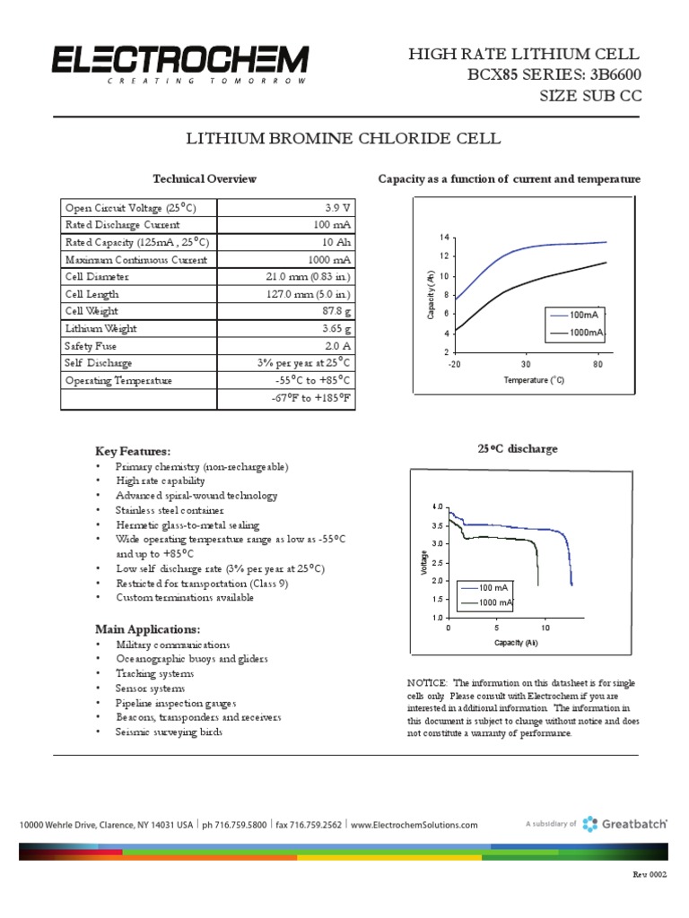 High Rate Lithium Cell BCX85 SERIES 3B6600 Size Sub CC Lithium Bromine Chloride Cell PDF