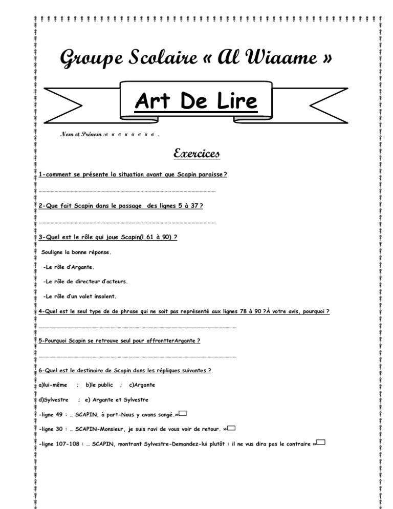 Questionnaire Sur Les Fourberies De Scapin 5eme