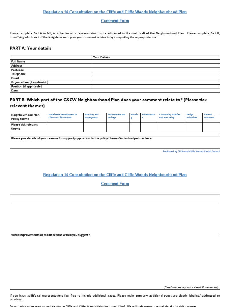 PART A: Your Details: Regulation 14 Consultation On The Cliffe and ...