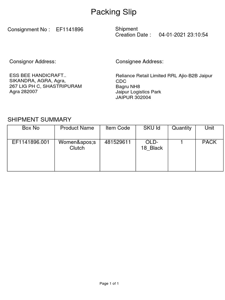 Master Packing Slip for Shipment EF1141896 | PDF