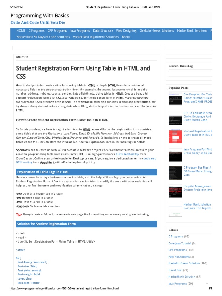 Student Registration Form Using Table In Html And Css Html World Wide Web