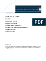 Name: Twaha Ahmed ID: 17432 Semester: Bba 1A Exams: Mid Term Course: Basic English 1 Instructor: Sir Mudassir Siddqui Campus: Smchs DATE: 08/04/2021
