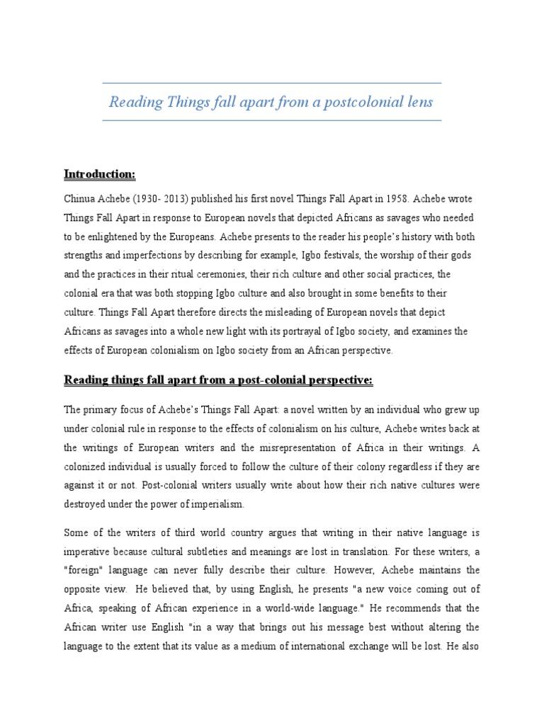 Postcolonial Analysis of Things Fall Apart | PDF | Postcolonialism ...