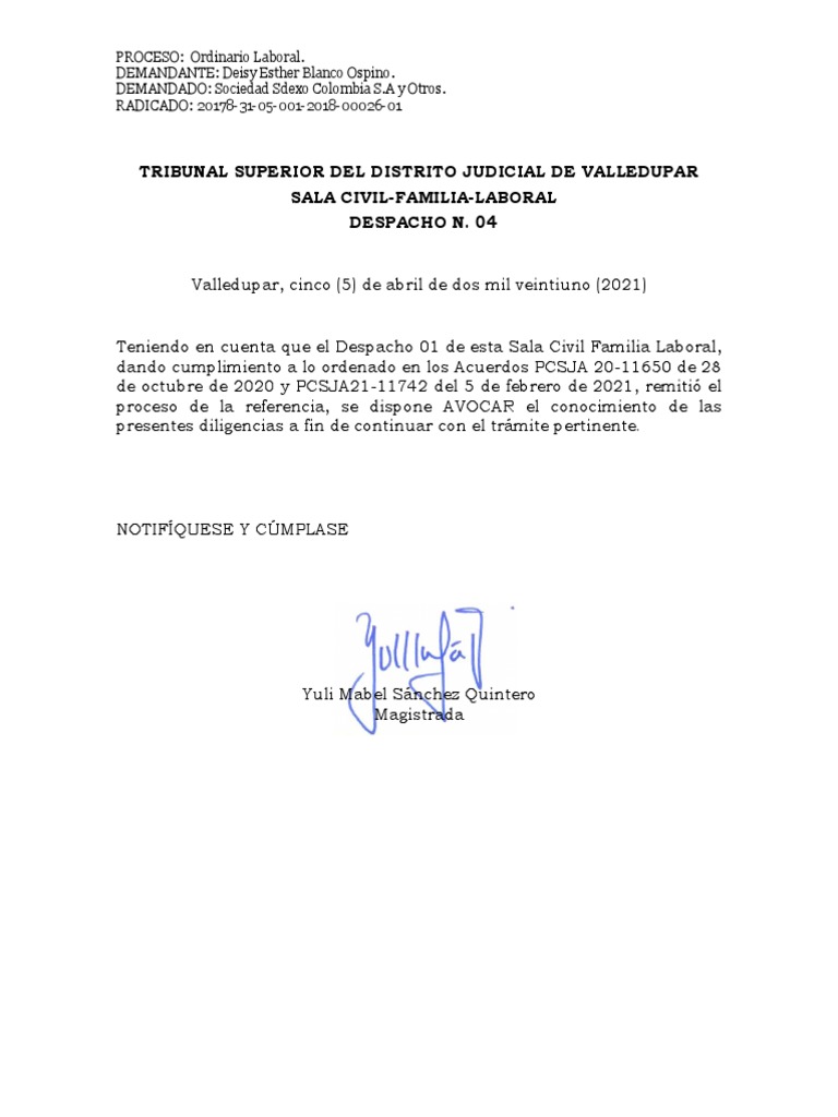 Auto Avoca Conocimiento Tribunal Laboral PDF