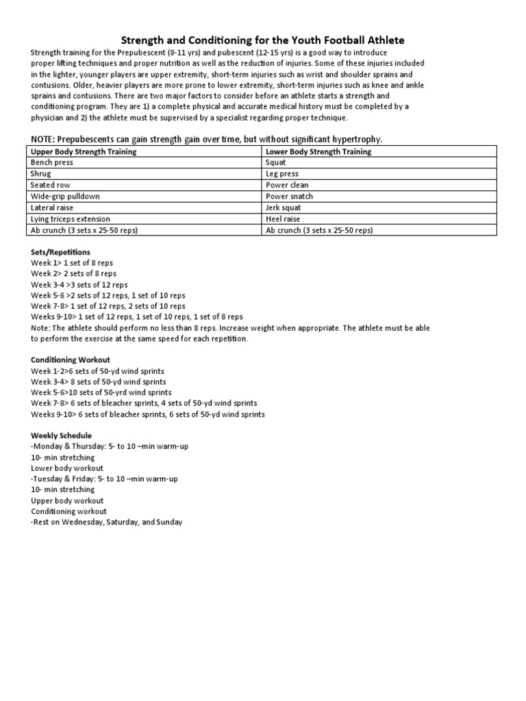 Football Weight Training Routine For The Youth Athlete PDF Strength