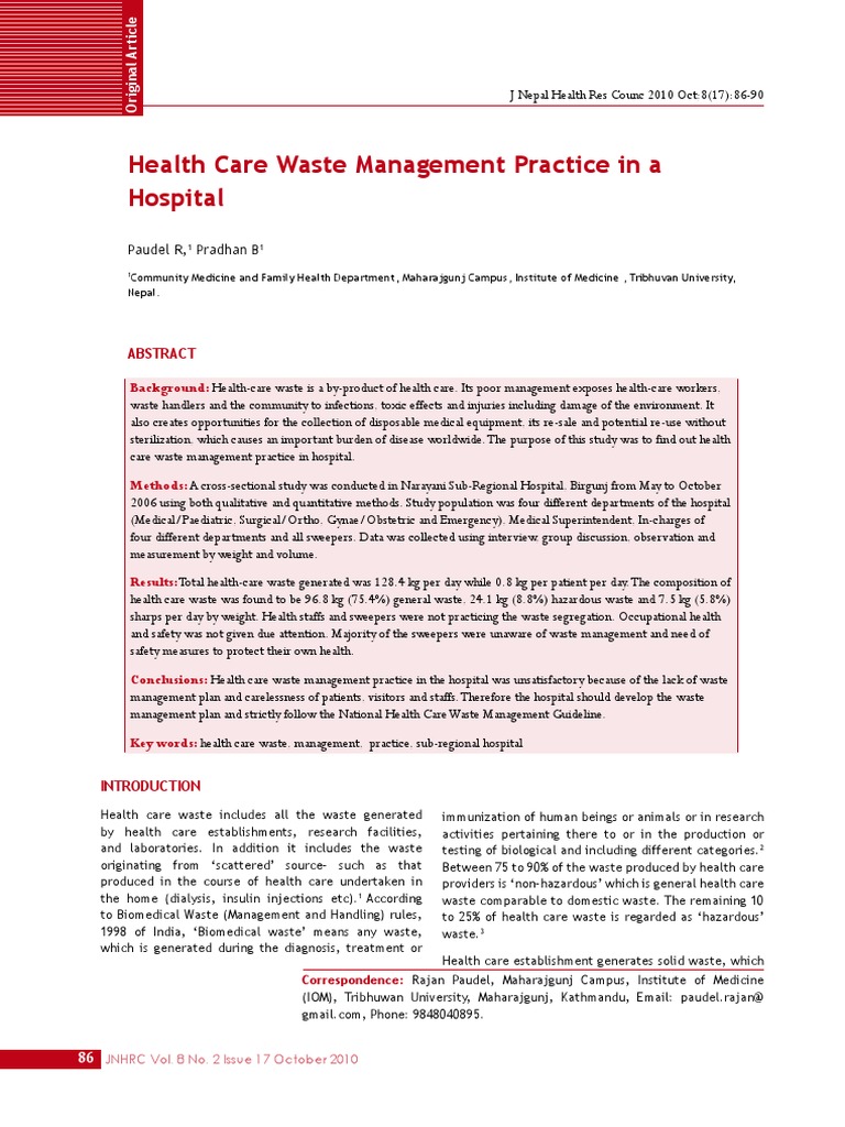 Health Care Waste Management Practice in A Hospital | PDF | Waste ...