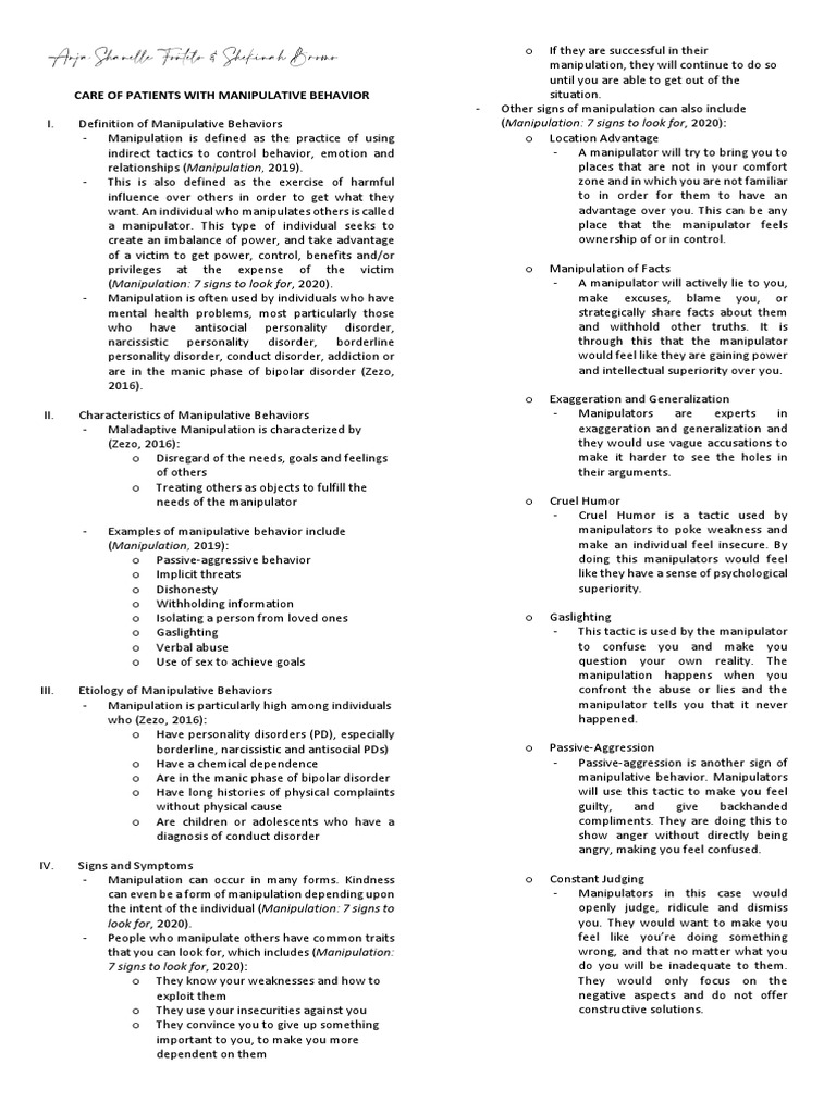 Care of Patients With Manipulative Behavior Anja Shanelle Fontelo & Shekinah Bromo PDF