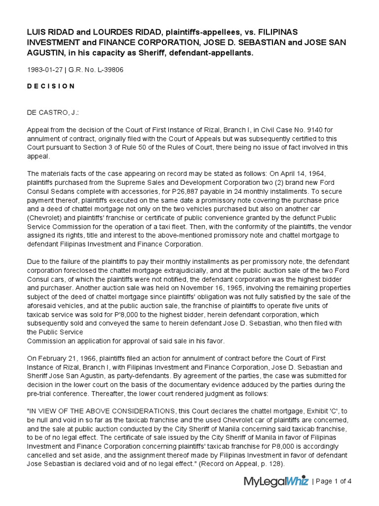 Ridad Luis Et Al Vs Filipinas Investment Et Al PDF Foreclosure