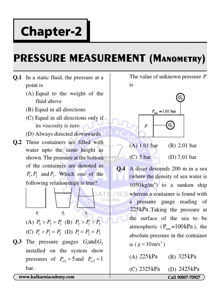 Fluid Mechanics Pressure Quiz | PDF | Pressure Measurement | Vacuum