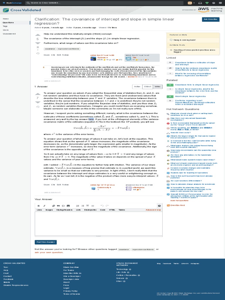 Clarification: The Covariance of Intercept and Slope in Simple Linear ...