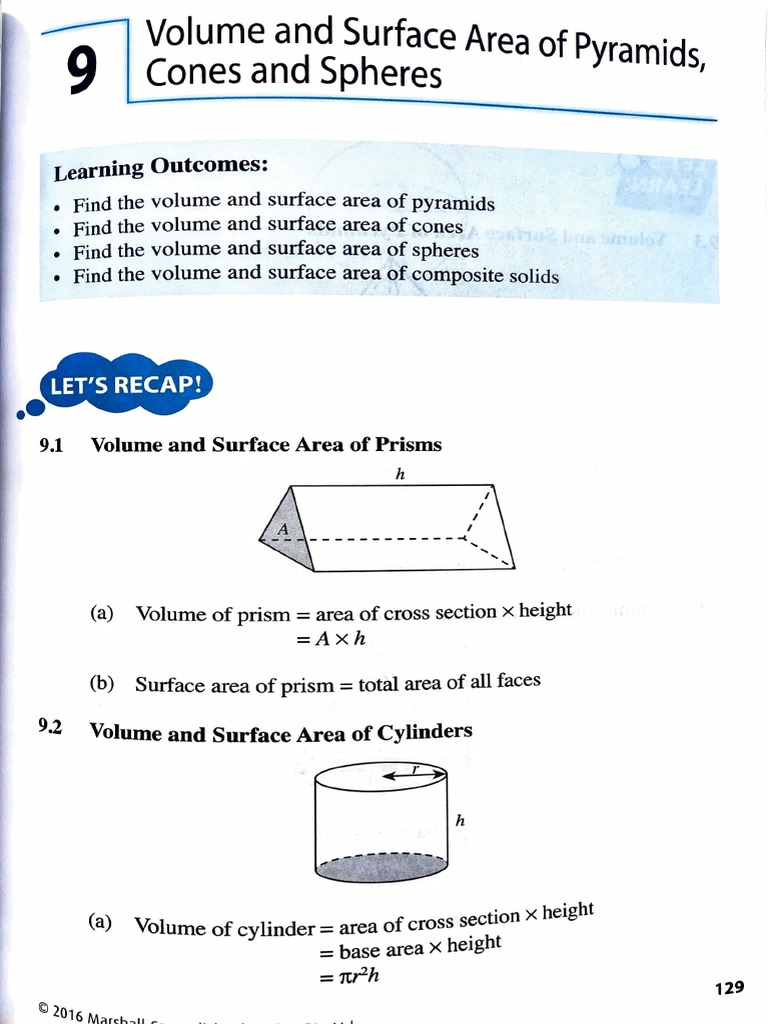 Ch9 Volume and Surface Area of Pyramids Cones and Spheres PDF Area