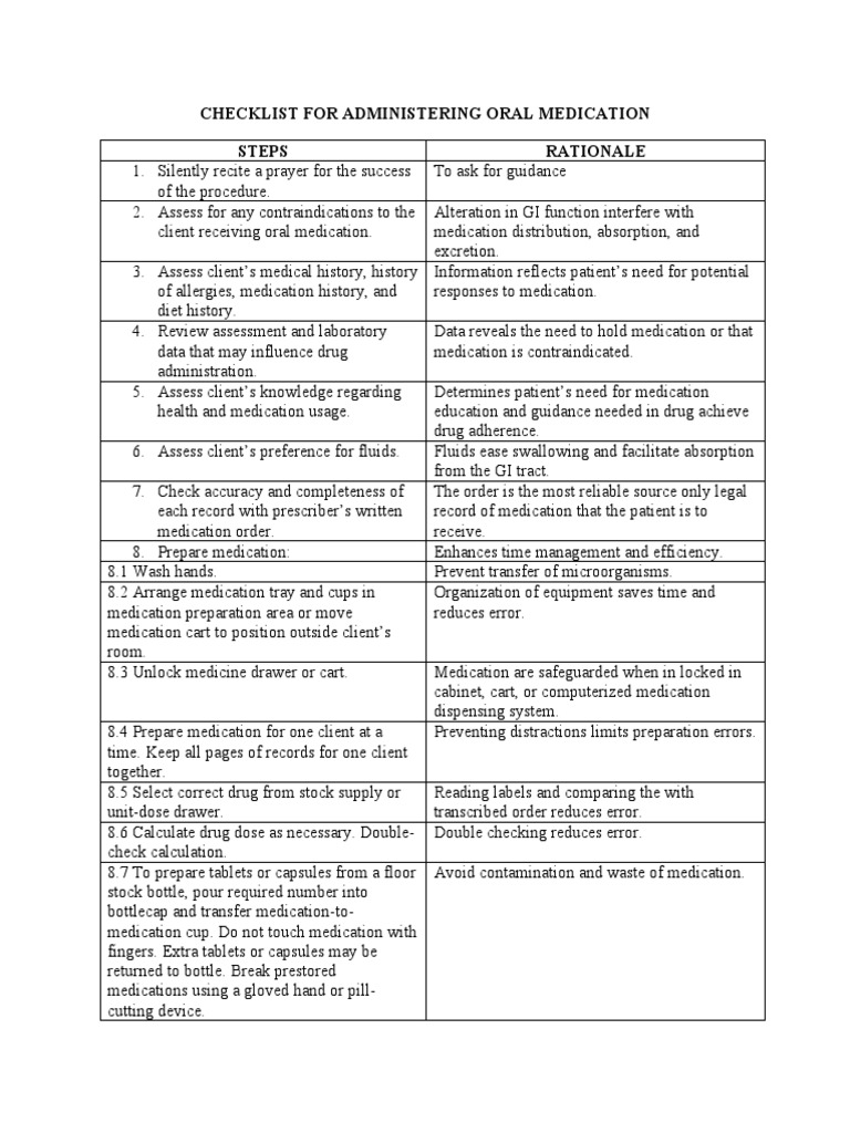 Checklist For Administering Oral Medication Steps Rationale | PDF ...