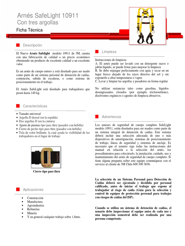 Ficha técnica del arnés de seguridad SafeLight 10911 de 3M con tres  argollas, PDF, Naturaleza