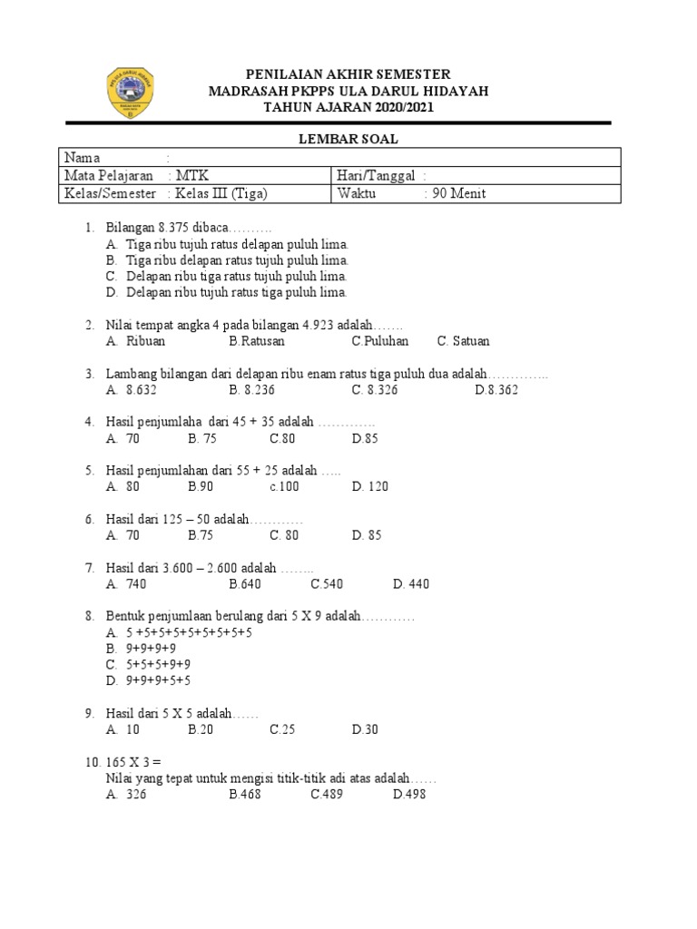 Soal Matematika Kelas 3 Semester 1 | PDF | Metode & Bahan Ajar | Seni