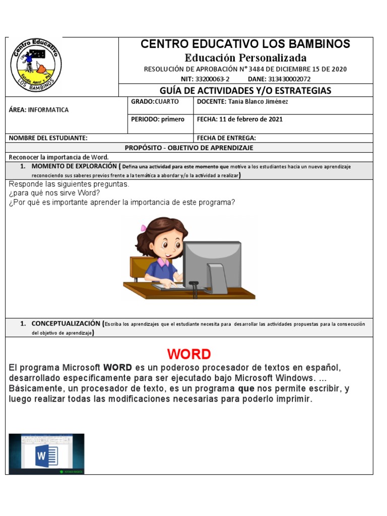 Guia de Informatica Grado 4º 11 Febrero | PDF | Microsoft Word ...