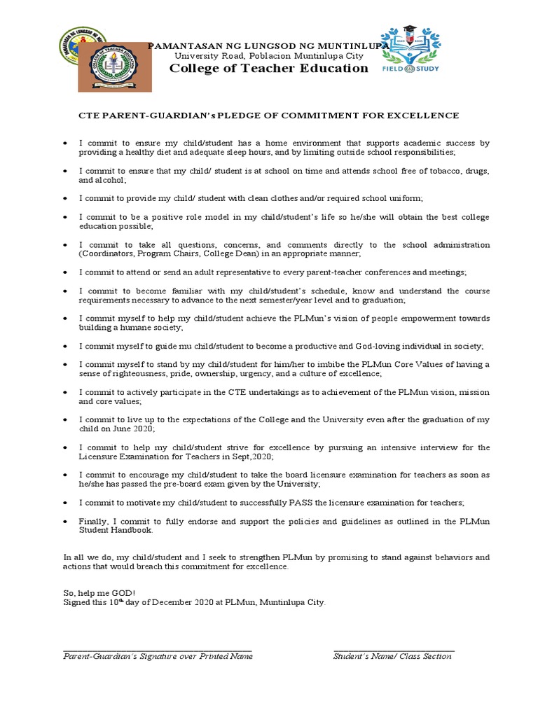 PTC CTE PARENT GUARDIANs PLEDGE FOR COMMITMENT ON EXCELLENCE | PDF ...