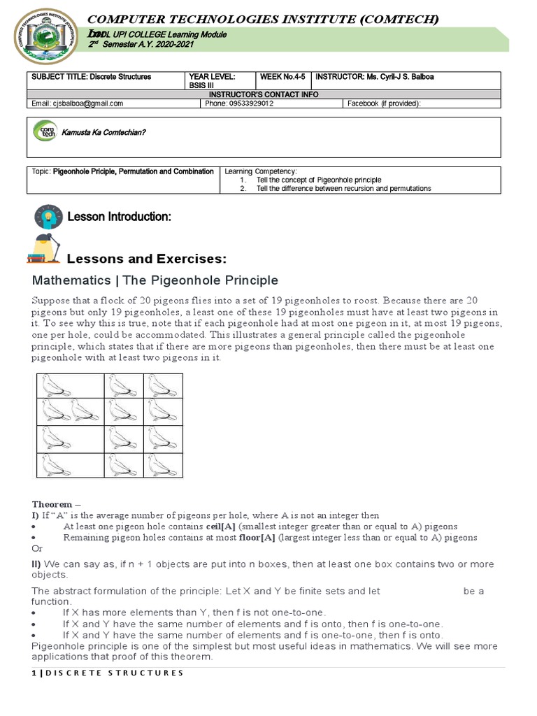 Pigeonhole Principle & Combinatorics Guide | PDF | Recursion | Permutation