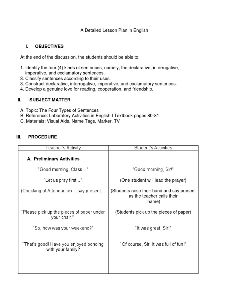 Lesson Plan: Types of Sentences | PDF | Question