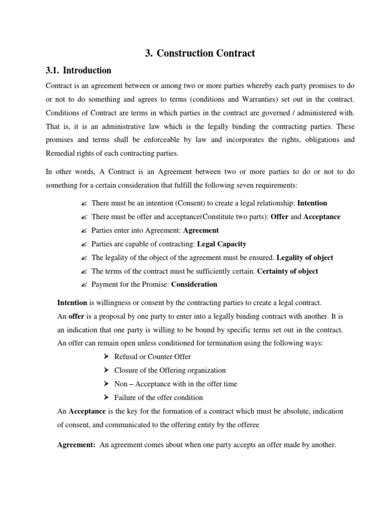 Construction Contract of Object PDF Offer And Acceptance Employment