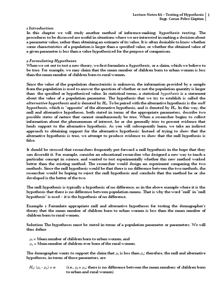 Lecture Notes 8A Testing of Hypothesis PDF Statistical Hypothesis