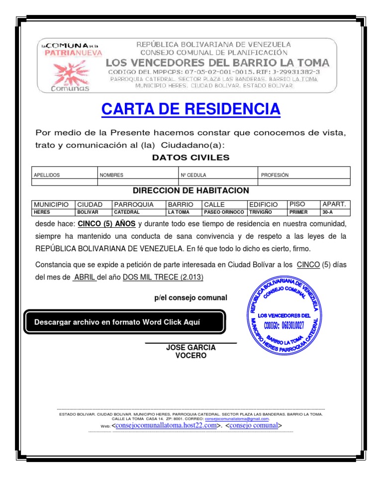 Consejo Comunal FORMATO DE CARTA DE RESIDENCIA | PDF