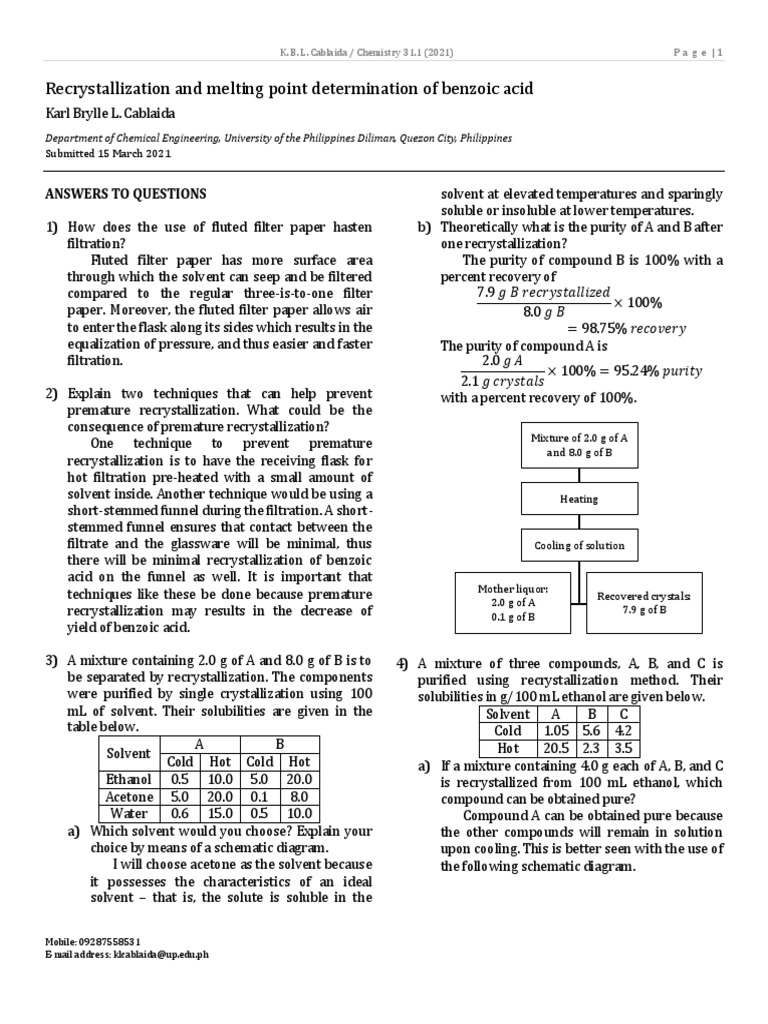 Recrystallization and Melting Point Determination of Benzoic Acid | PDF ...