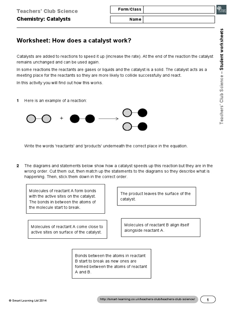 Worksheet How Does A Catalyst Work? Chemistry Catalysts PDF Catalysis Chemical Reactions