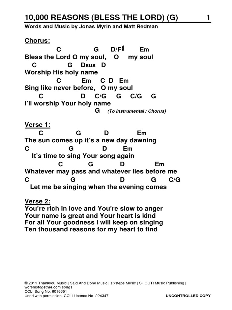 10,000 Reasons Chord Sheet