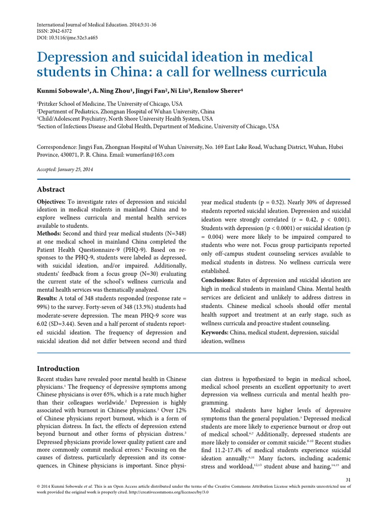 Depression and Suicidal Ideation in Medical Students in China | PDF ...