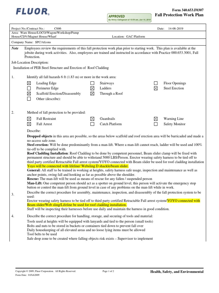 Fall Protection Work Plan Roof Cladding PDF Scaffolding Safety