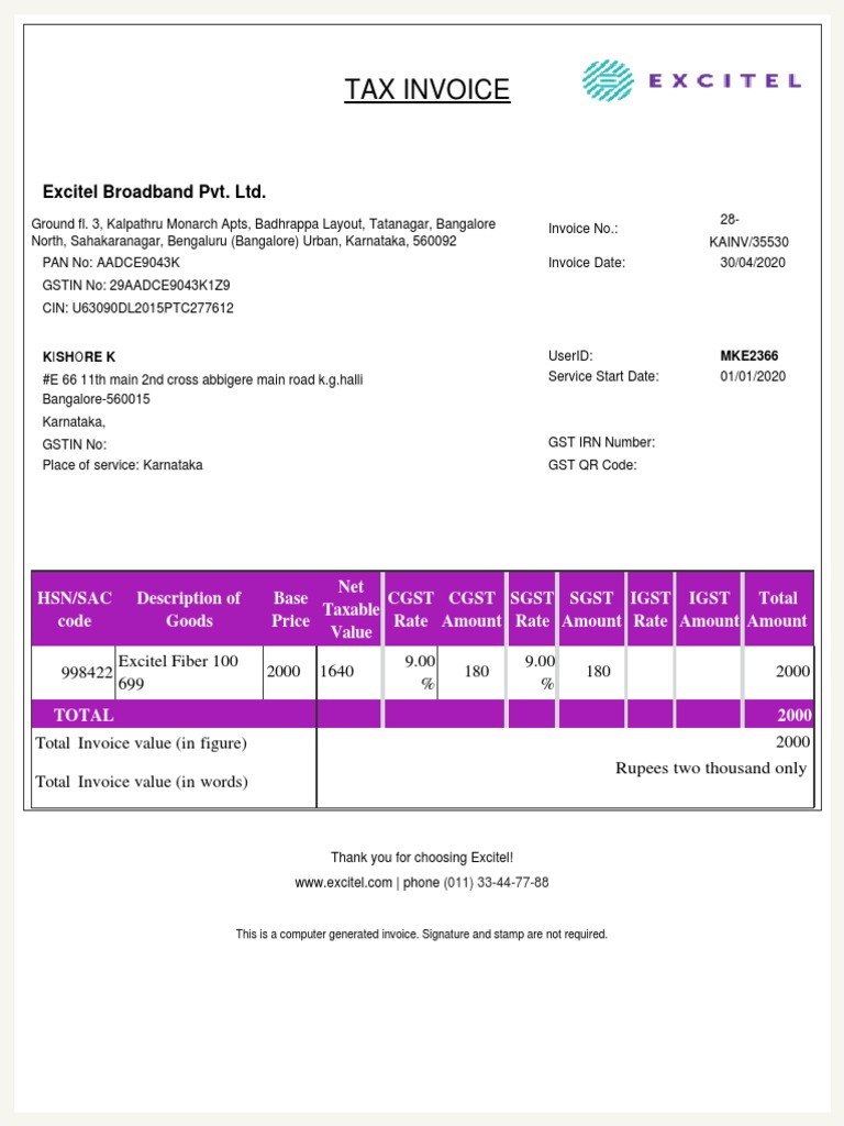 Tax Invoice: Excitel Broadband Pvt. LTD | PDF | Taxes | Public Finance